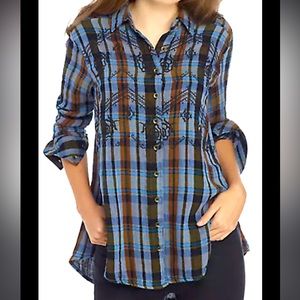 🔥Free People small magical plaid western embroidered cowgirl flannel blue